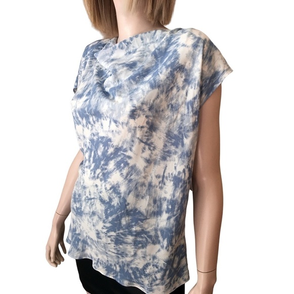 H Halston Blouse Top Asymmetric Draped Flutter Sleeve Tonal Tie Dye Rivier XS-S - Picture 8 of 16